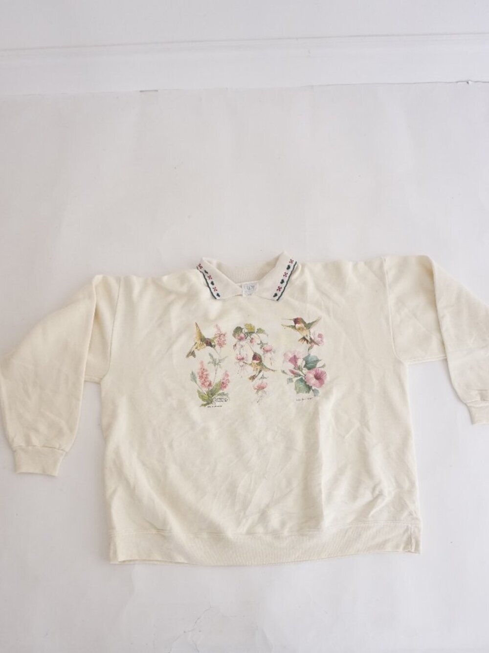 Vintage Wons Wear Cream Hummingbird Floral Garden Embroidered Collar Sweater XL